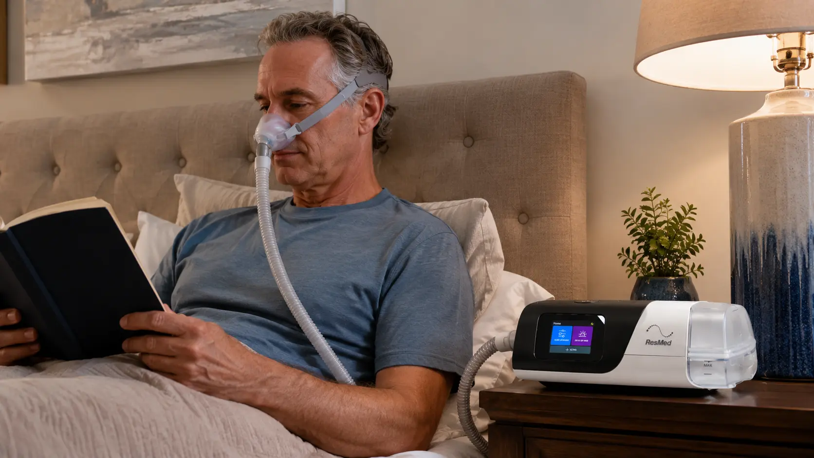 Homme utilisant un appareil CPAP ResMed AirSense S11 à domicile