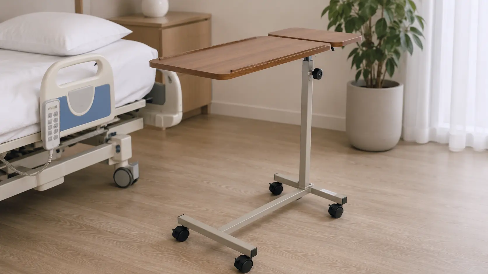 Table à manger médicale réglable sur roulettes