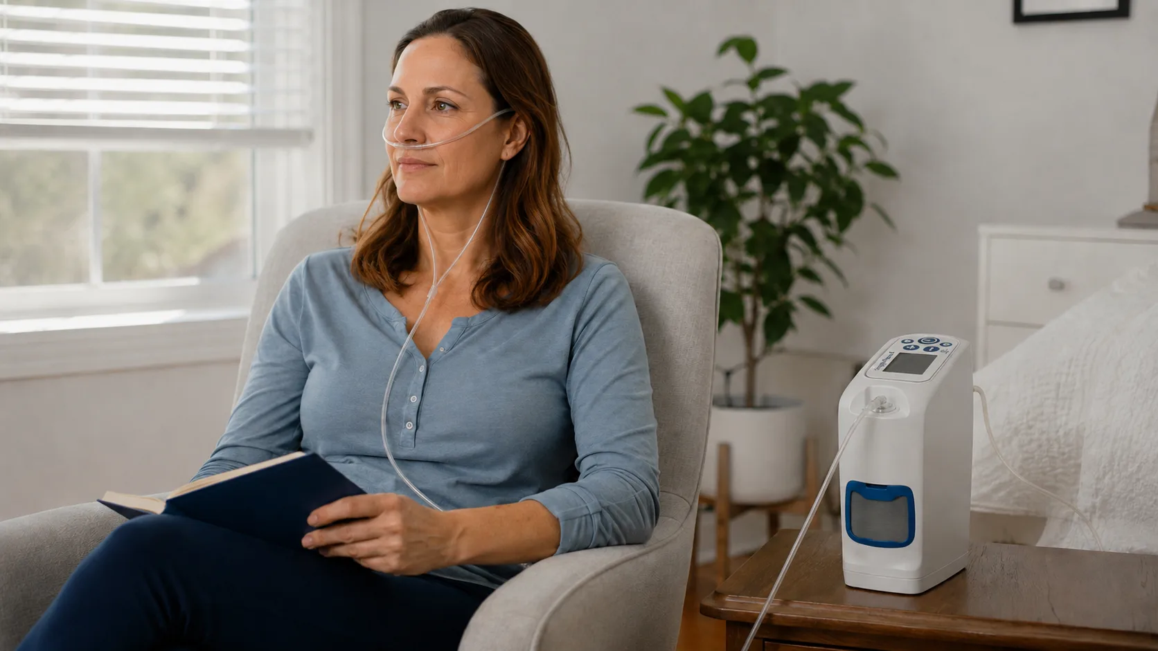 Femme utilisant un concentrateur d'oxygène portable Inogen Rove G6 à domicile